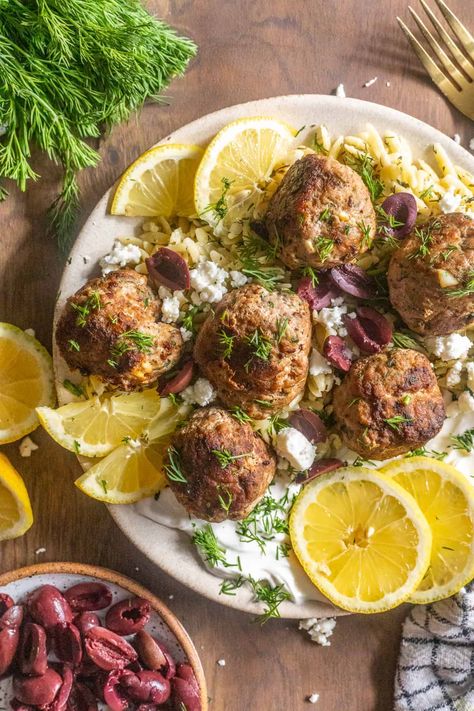 Greek Meatballs with Creamy Lemon Orzo - Britney Breaks Bread Greek Meatballs With Orzo, Meatball Recipes For Dinner, Creamy Lemon Orzo, Greek Turkey Meatballs, Greek Dinner, Orzo Dishes, Ground Turkey Meatballs, Low Calorie Chicken, Greek Meatballs