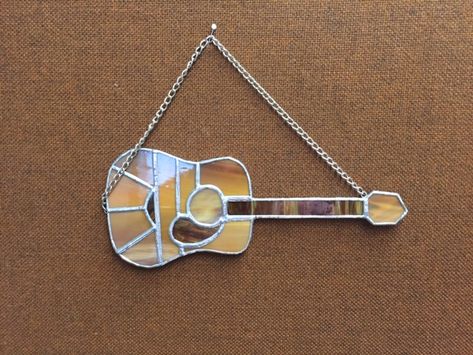 Stained Glass Sun catcher,  Guitar,  real wood look Acoustic Guitar Stained Glass Music Patterns, Stained Glass Music, Stainglass Ornaments, Stained Glass Guitar, Stained Glass Sun Catchers, Glass Guitar, Fused Glass Sun, Stained Glass Cardinal, Guitar Patterns