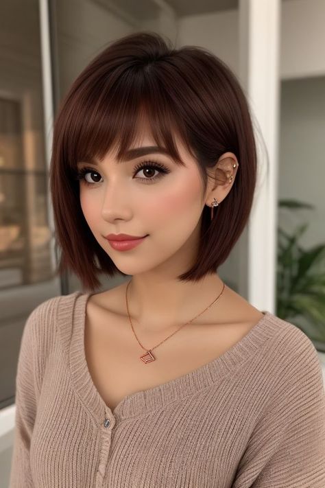 Bob With Thick Bangs, Asian Hair Women, Best Hair Cuts For Fine Hair, Heels Accessories, Lapel Dress, Short French, Classic Bob, Short Layered Haircuts, Knit Style