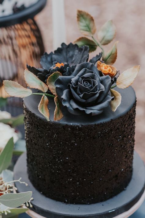 Gothic Wedding Ideas Black Glitter Cake Lauren Knuckey Photography #wedding #gothicwedding Single Tier Black Wedding Cake, Black Glitter Cake Birthday, Black Flower Cake, Black Theme Cake, Black Bday Cake, Beach Wedding Ceremony Ideas, Black Glitter Cake, Gothic Birthday Cakes, Thirty Party