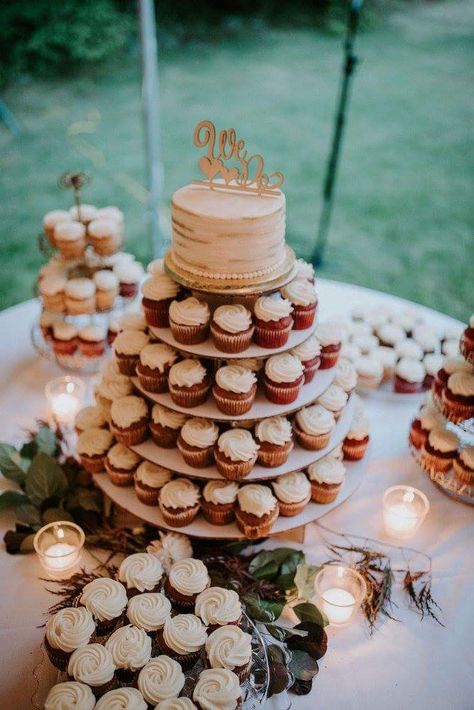 Simple Cake And Cupcakes Wedding, Wedding Cake With Mini Cupcakes, Cake And Cupcake Stand Wedding, Tiered Cake With Cupcakes, Cupcake Tiered Cake, Wedding Desserts Cupcakes, Small Cake And Cupcake Display, Wedding Small Cake And Cupcakes, Cupcake For Wedding Reception