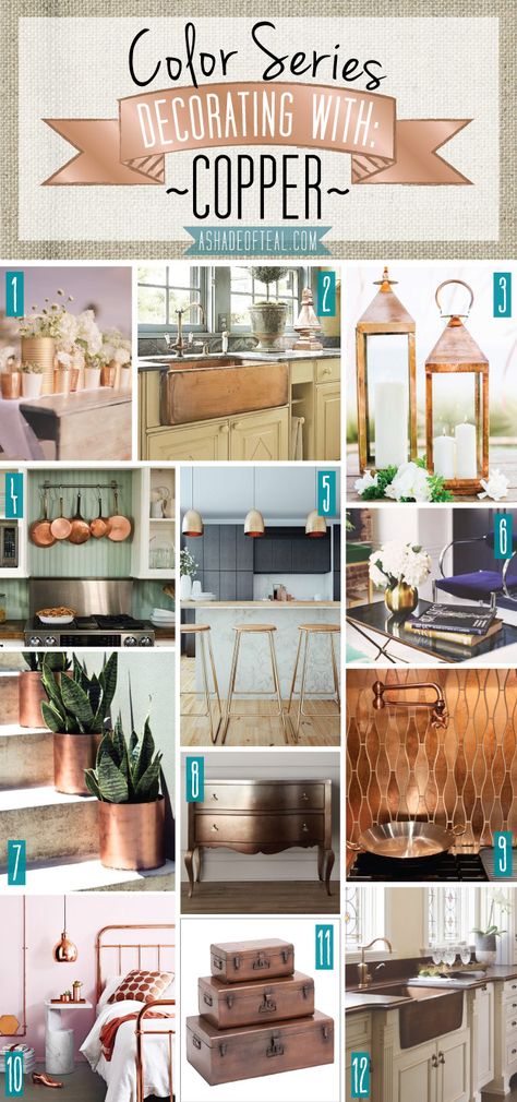 Bedroom With Copper Accents, Copper And Turquoise Kitchen, Bedroom Copper Accents, Decorating With Copper Accents, Copper Accents In Kitchen, Copper And Teal Kitchen, Colors That Go With Copper, Copper Accents Kitchen, Copper Accents Living Room