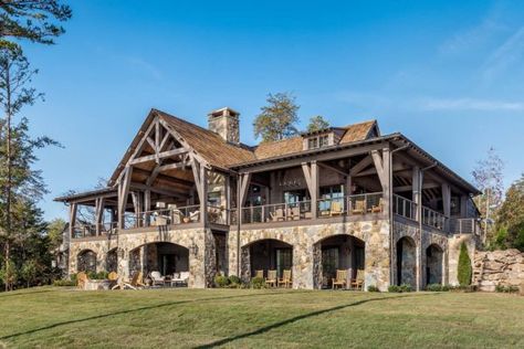 Timber frame home with farmhouse interiors overlooking Lake Keowee Rustic House Exterior, Rustic Home Exterior, Timber Frame Home, Lake Keowee, Timber Frames, Rustic Exterior, Modern Rustic Homes, Rural House, Lake House Plans