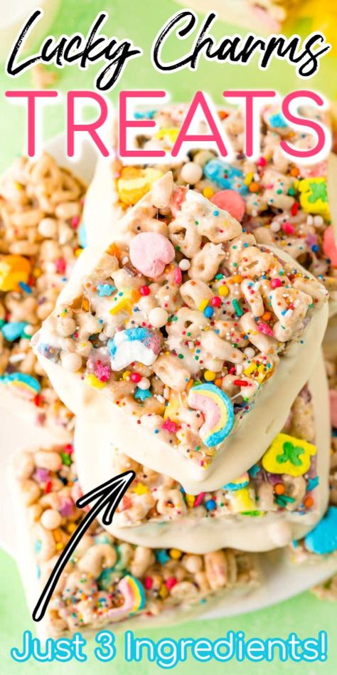 These Lucky Charms Treats are a fun and easy 3 ingredient dessert that requires ZERO baking! Dip them in white chocolate and top them with sprinkles for an extra fun treat! via @sugarandsoulco Desserts Recipes Easy, Lucky Charms Treats, Like Rice, 3 Ingredient Desserts, Wanderlust Tattoo, Rice Recipes For Dinner, Thanks Giving, Rice Crispy Treats, Fruity Pebbles