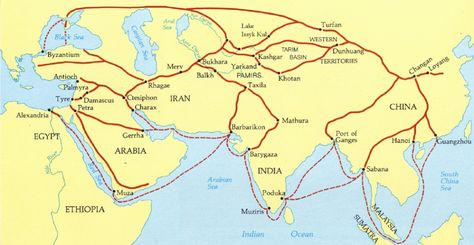 Map of Trade Routes on Silk Road Silk Road Map, China Map, Silk Route, The Silk Road, Social Determinants Of Health, Printable Maps, Silk Road, Ancient China, Travel Book