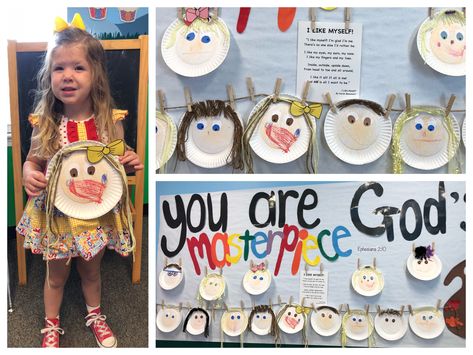 Self-portrait paper plate art, pre-k, all about me week.   We made these during all about me week. I paired it with "I like me" book by Karen Beaumont. All About Me Prek Art, All About Me Art Toddlers, All About Myself Activities, Paper Plate Self Portrait Preschool, I Like Myself Book Activities, This Is Me Portrait Preschool, Self Portrait Toddler Craft, All About Me Preschool Theme Crafts Self Portraits, Preschool September