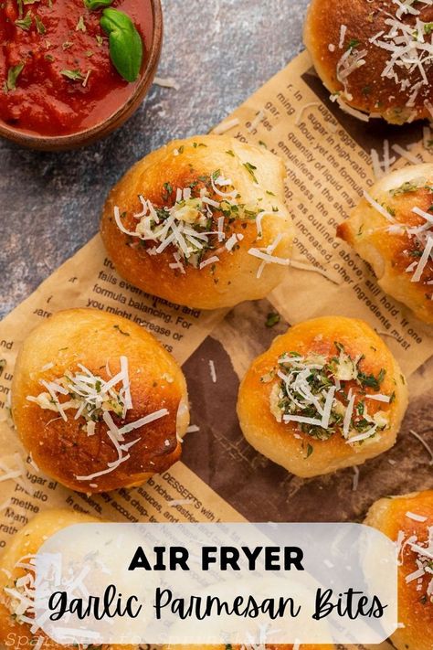 Air Fryer Garlic parmesan bites are made from frozen bread dough and transformed into delightful garlic parmesan knots. In about 10 minutes of active prep time and 10 minutes of cook time, you will have a crispy on the outside tender on the inside breadstick ready to enjoy! Toss these in a delicious garlic butter sprinkled with parmesan for a perfect addition to pizza night! Garlic Parmesan Bites, Garlic Knots With Pizza Dough, Air Fryer Garlic Knots, Parmesan Knots, Parmesan Bites, Garlic Parmesan Knots, Air Fryer Garlic, Frozen Bread Dough, Deep Fried Food