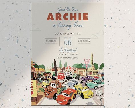 Vintage Car Birthday, Pixar Cars Birthday, Cars Invitation, Mickey Mouse Birthday Invitations, Cars Birthday Invitations, Disney Cars Birthday, Cars Birthday Party Disney, Radiator Springs, Car Birthday Theme