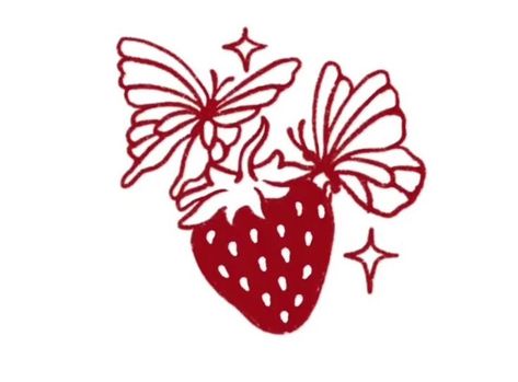 Butterfly And Strawberry Tattoo, American Traditional Strawberry, Cute Strawberry Tattoo, Strawberry Art Aesthetic, Strawberry Tattoo Design, Girly Traditional Tattoo, Tattoo Strawberry, Girly American Traditional Tattoo, Strawberry Doodle