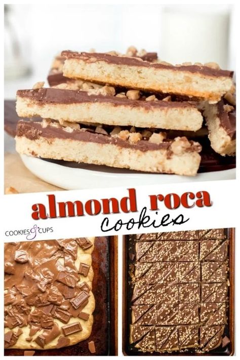 Almond Roca Cookies are buttery, shortbread-style cookies topped with milk chocolate and either chopped almonds or toffee bits! Inspired by the popular Almond Roca toffee candy, these cookies are delicious and pretty!! #cookiesandcups #almondroca #cookierecipe #cookies #toffee Pretty Presentation, Creative Treats, Bbq Party Food, Almond Roca, Almond Shortbread, Salted Toffee, Toffee Candy, Betty Crocker Recipes, Buttery Shortbread