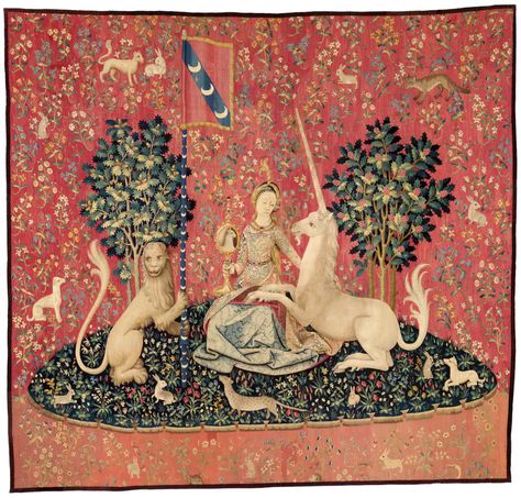 Explainer: the symbolism of The Lady and the Unicorn tapestry cycle The Lady And The Unicorn, Lady And The Unicorn, Unicorn Tapestry, Unicorn Tapestries, Tableaux Vivants, Postage Stamp Quilt, Medieval Tapestry, Great Works Of Art, Damien Hirst