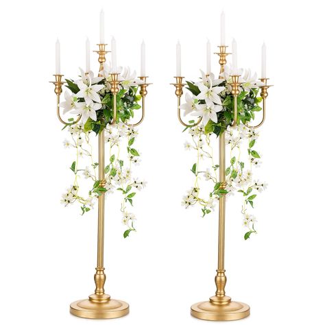 PRICES MAY VARY. Tall Wedding Candelabra: 50’’ tall candle candelabra floor stand, serves as candle and floral centerpiece stand for grand wedding event decorations, engagement, wedding ceremony Traditional Candle Candelabra: traditional floor candle holder for 5 candlesticks, add antique and retro look and charm to your moment and scene For Grand Scene: elegant and classic candelabra, tall gold candelabra, easy way to decorate with taper candles and floral arrangement for your grand and retro d Floor Candle Stands, Candelabra Wedding Centerpieces, Centerpiece Stand, Floor Candelabra, Gold Candelabra, Candelabra Wedding, Candelabra Centerpiece, Candle Candelabra, Ceremony Aisle