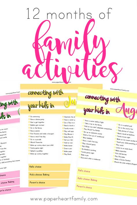 12 Months of Family Activities- Get your free printable! An entire year of simple, fun and unique family activities. Monthly Family Activities, Family Weekend Activities, Family Time Activities, Family Activities Preschool, October Activities, Intentional Parenting, Bonding Activities, Text Overlay, Fun Family Activities