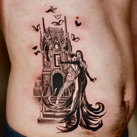 The Lovers Morticia And Gomez Tattoo, Morticia Addams Tattoo Ideas, Mortician And Gomez Tattoo, Gomez And Morticia Tattoo, Morticia And Gomez Tattoo, Idk Tattoo, Addams Family Tattoo, Wednesday Addams Tattoo, Tattoo Nightmares