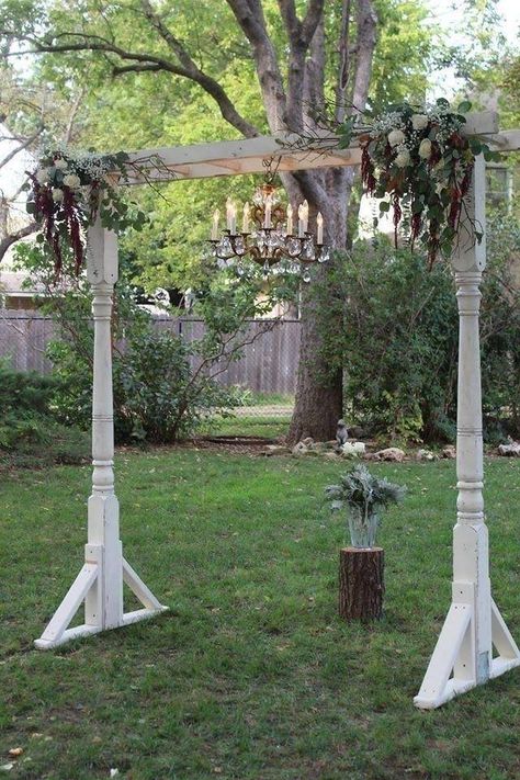 Diy Wedding Arbor, Small Pergola, Wedding Arbors, Porch Posts, Wedding Arbour, Wedding Rentals, Wedding Event Planning, Vintage Chandelier, Wedding Arch