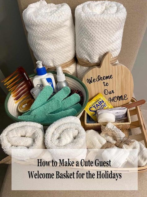 If you are having company soon, check out this cute guest welcome basket you can make for them this holiday season. - gift basket for company idea How To Display Towels, Guest Room Baskets, Guest Welcome Baskets, Bathroom Towels Display, Welcome Basket, Diy Projects For The Home, Welcome Baskets, Wicker Box, Lavender Spray