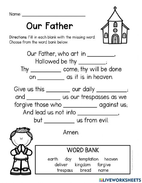 Sunday School Worksheets, Catholic Kids Activities, Bible Crafts Sunday School, Sunday School Coloring Pages, Bible Worksheets, Our Father Prayer, Bible Activities For Kids, Sunday School Crafts For Kids, Bible School Crafts