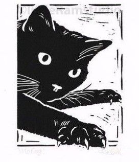 Brian Froud, Lino Cuts, Linocut Printmaking, Lino Art, Lino Prints, Black Cat Print, Relief Printing, Linocut Art, Black Cat Art