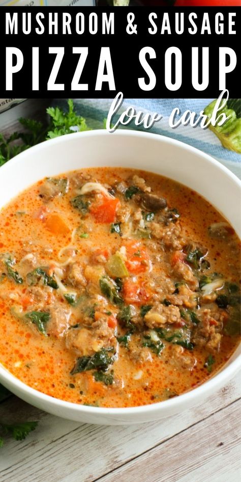 Instant Pot Low Carb Pizza Soup Instant Pot Low Carb, Mushroom Sausage, Soup Low Carb, Low Carb Spaghetti, Pizza Soup, Low Carb Soup Recipes, Sausage Pizza, Boiled Egg Diet Plan, Keto Soup