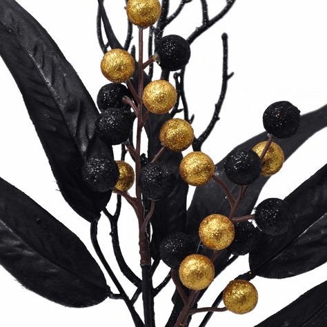 "Find the 16\" Black & Gold Berry & Leaf Pick by Ashland® at Michaels. Enhance the spookiness of your Halloween décor by adding this pick of glittery berries and leaves to your wreaths, floral arrangements and more this season. Enhance the spookiness of your Halloween décor by adding this pick of glittery berries and leaves to your wreaths, floral arrangements and more this season. Use to create a backdrop to accent a display of witch figurines around a cauldron on your mantel or add to a vase o Black And Gold Vases, Halloween Stem, Witch Figurines, Halloween Floral, Gold Home Decor, Gold Vases, Fall Centerpiece, Fall Colors, Floral Arrangements