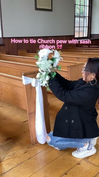 Ribbon On Pews For Wedding, Bows For Church Pews Wedding, Bow Pew Decorations Wedding, Outdoor Pews Wedding, Pew Bows With Flowers, Chapel Pew Wedding Decorations, Decorating Pews For Wedding, Diy Wedding Pew Decorations, Christmas Aisle Decorations