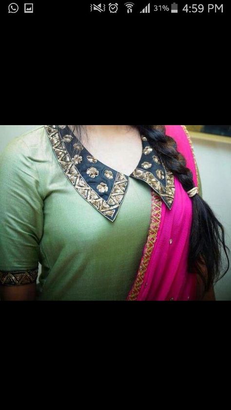 Nice Love the blouse design! Pinterest : @nivetas https://www.facebook/punjabisboutique Neck Designs For Suits, Salwar Designs, New Blouse Designs, Kurta Neck Design, Dress Neck Designs, Unique Blouse Designs, Kurti Neck Designs, Indian Blouse, Embroidered Blouse Designs