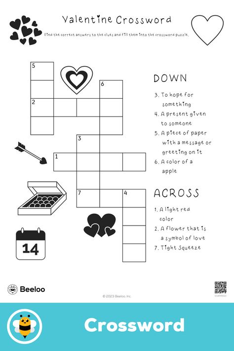 Advanced valentine-themed crossword puzzle for kids ages 7 and up Crossword Puzzle Aesthetic, Puzzle For Boyfriend, Mini Envelopes Diy, Love Crossword, Love Puzzle, Crafts And Activities For Kids, Boyfriend Anniversary, Letter Ideas, News Letter