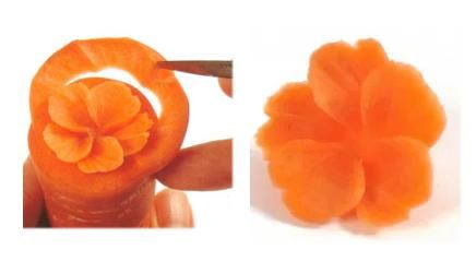 Simple Carrot Rose Vegetable Carving - bjl Orange Fruit Art, Plate Garnish, Fruits Carving, Rose Carving, Carving Tutorial, Carving Fruit, Cold Kitchen, Fruit Carvings, Deco Fruit