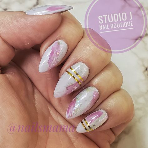 Lilac abstract gold flakes and foil stripe almond nails J Nails, Nail Boutique, Polygel Nails, Gold Flakes, Almond Nails, Gel Polish, Lilac, Almond, Foil