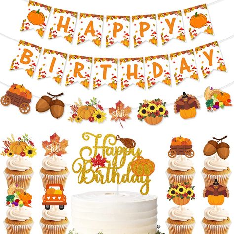 Fall Happy Birthday, Autumn Theme Party, Happy Birthday Pumpkin, Autumn Birthday Party, Harvest Party Decorations, Thanksgiving Birthday Party, Fall Birthday Cakes, Thanksgiving Birthday Parties, Fall 1st Birthdays