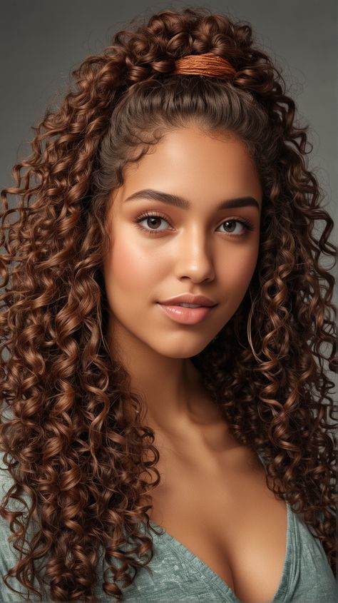 The half-up half-down look is a classic and effortless style for curly hair. This hairstyle allows you to show off your natural curls while keeping the top portion pulled back, creating a balanced and polished appearance. The half-up half-down style is perfect for any occasion, from casual outings to formal events. Add a twist or braid to the top section for a more intricate, bohemian vibe. This look works well for all curl types, giving you the best of both worlds. Female Curly Hairstyles, Female Face Shapes, Flowy Curls, Curly Weave Styles, Curly Hair Styles Long, Style For Curly Hair, Hairstyles Bohemian, Down Curly Hairstyles, Styles For Black Women