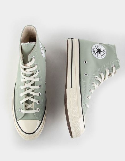 Converse Hogh Tops, Sage Green High Top Platform Converse, Cute Affordable Shoes, Cute Aesthetic Shoes, Sage Converse, Sage Green Converse, Pastel Converse, Cute Shoes For School, Trendy Converse