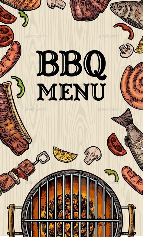 Bbq Pictures Image, Bbq Background, Grilled Menu, Grill Illustration, Bbq Illustration, Salmon Slice, Bbq Menu Ideas, Bbq Art, Roast Salmon