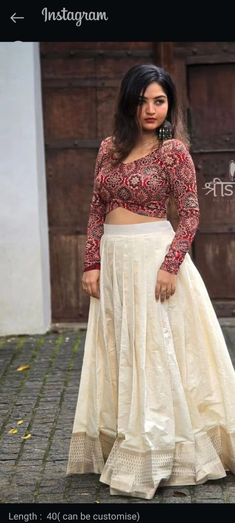 Skirt Traditional Outfits, Crop Top Lehenga Stitching Ideas, Traditional Skirt And Top Design, Anakarli Dress Pattern, Onam Half Saree Outfits Ideas, Traditional Crop Top Designs For Lehenga, Onam Outfits Ideas Ajrakh, Indian Crop Top Designs, Pavada Blouse Kerala