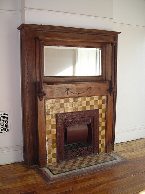 Bed Stuy mantle the owner stripped. Mantels With Mirror, Craftsman Fireplace Ideas, Fireplace Mantels Wood, Farmhouse Fireplaces, Mission Architecture, Victorian Fireplace Mantels, Victorian Fireplace Tiles, Mantel Inspiration, Dollhouse Fireplace