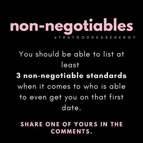 Andrea - Writer, Creator, Coach on Instagram: "Your non-negotiable are your standards on who has access to you. They’re your first line of defence against low vibrational, crappy experiences. These aren’t deep or complicated- they should be simple, clear and easy to identify. You shouldn’t have and endless list of silly, unimportant things as your non-negotiable standards. They are meant to be things that will seriously affect your quality of life in the long term if they are missing in your Non Negotiables, Be Simple, Godly Man, Quality Of Life, First Date, Things That, Meant To Be, Things To Come, The Creator