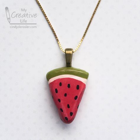 Clay Watermelon Necklace | Fun Family Crafts Watermelon Clay, Clay Watermelon, Mod Podge Gloss, Watermelon Necklace, Recycled Crafts Kids, Edible Crafts, Sculpey Clay, Clay Crafts Air Dry, Green Clay