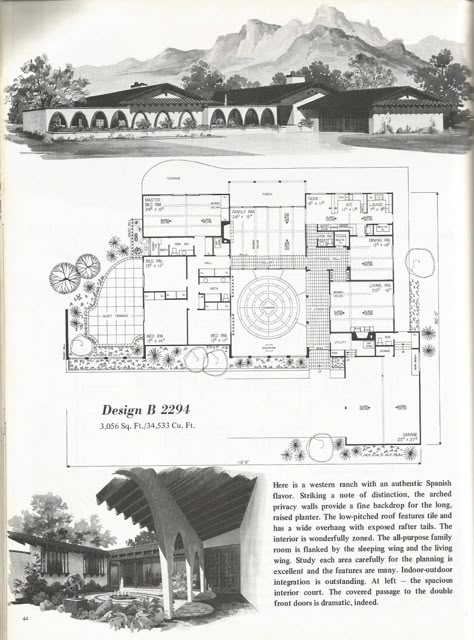 California Mission Ranch! Switch the mudroom/laundry/kitchen comes directly off the garages. Move the dining room up to the corner. Family Room area next to kitchen. Vintage House Plans, Spanish Style Homes Mission or California Mission Mcm House Plans, Dream House Floor Plans, Plans Of Houses, Mid Century House Plans, Plans Interior Design, Modern Home Plans, Vintage Floor Plans, Modern Contemporary House, Old House Plans