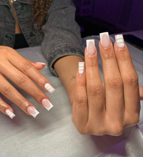 Cute Shirt French Tip Nails, Short V Tip Nails, Square Nails With Glitter, Homecoming Nail Ideas, Medium Short Nails, Plain Acrylic Nails, Acrylic Nail Set, Hard Nails, White Acrylic Nails