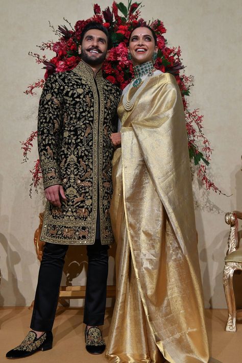 Reception Saree, Groom Dress Men, Wedding Dresses Men Indian, Reception Outfit, Indian Couple, Couple Fashion, Deepika Padukone Style, Couple Dress, Wedding Dress Men