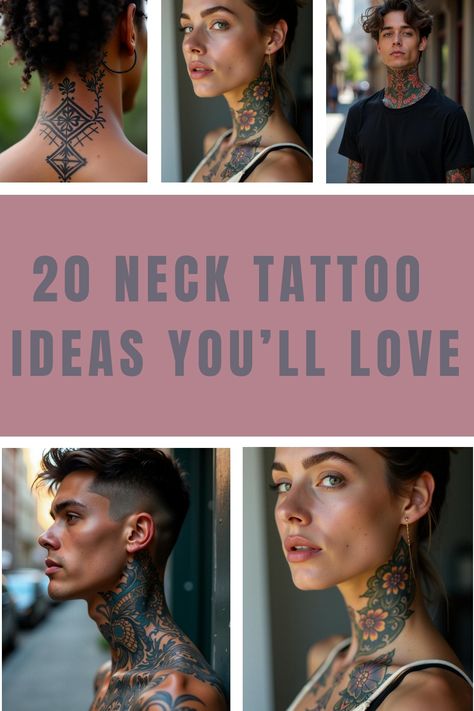 20 Neck Tattoo Ideas You’ll Love Words For Neck Tattoo, Lip On Neck Tattoo, Hairline Neck Tattoo, Female Side Neck Tattoo Ideas, Neck Tattoo Color, Shoulder Neck Tattoos Women, Cybersigilism Neck Tattoo, Animal Neck Tattoo, Girls Neck Tattoos