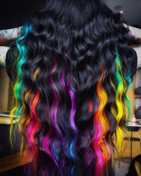 Rainbow Underneath Hair, Caramel Hair Highlights, Sky Blue Hair, Hair Aesthetics, Hair Colour Ideas, Hair Color Underneath, Rainbow Hair Color, Candy Hair, Multi Colored Hair