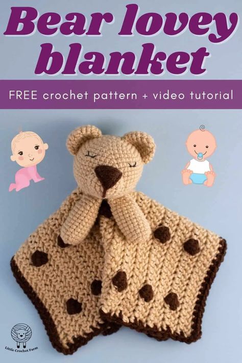 Bear lovey blanket free crochet pattern Hippo Amigurumi, Crochet Lovey Free Pattern, Crochet Farm, Bear Lovey, Diy Teddy Bear, Crocheted Animals, Lovey Pattern, Advanced Crochet, Crochet Lovey