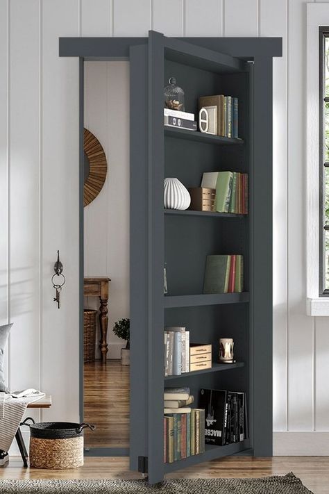 Our flush mount Bookcase Door lets you create a secret space, all your own, anywhere within your home. Available in 6 woods, 36 finishes, and the latest paint grade options to contrast or compliment any décor. Installs like a regular door! What's behind your Murphy Door? #murphydoor #hiddendoor #bookcasedoor #bookcase Concealed Bookcase Door, Murphy Door Bookshelf, Door With Bookshelf, Murphy Shelf Door, Hidden Door Behind Bookcase, Bookcase Doors Hidden, Murphy Bookshelf Door, Secret Door Closet, Bookshelf Barn Door