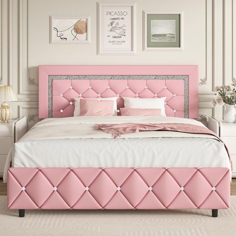 PRICES MAY VARY. Romantic Luxury Bed Frame—This queen bed frame with headboard is made from soft, skin-friendly leather fabric and high-density filling foam for a comfortable sleep experience. The diamonds at the head and foot of the bed sparkle under the light, creating a romantic atmosphere in the bedroom. Sturdy Bed Frame Construction—Upholstered bed frame queen features a sturdy steel frame and 12 strong wooden slats with 9 legs to ensure durability and stability. EVA strips between the meta Luxury Bed Frame, Bed Frame Upholstered, Queen Size Bed Frame, Button Tufted Headboard, Full Size Bed Frame, Queen Size Bed, Tufted Headboard, Full Size Bed, Upholstered Platform Bed