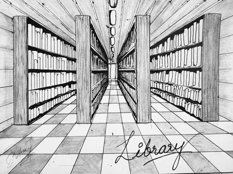 Perspective Hallway Drawing, 1 Point Perspective Sketch, Library Perspective Drawing, Bed Perspective Drawing, Perspektif 1 Titik Hilang Interior, One Point Perspective Sketch, Library Sketch, Cat Elements, Room Perspective Drawing