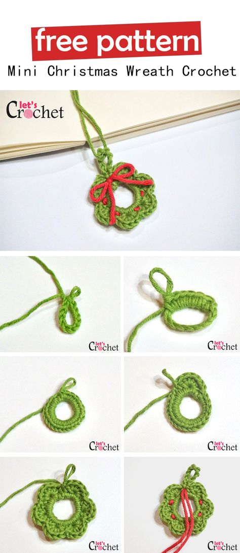 Mini Christmas Wreath Free Crochet Pattern Crochet Wreath Ornament, Crochet Christmas Ornaments Free Pattern, Crochet Wreath Pattern, Julkransar Diy, Crochet Christmas Wreath, Crochet Christmas Ornaments Free, Crochet Ornament Patterns, Christmas Crochet Patterns Free, Crochet Wreath