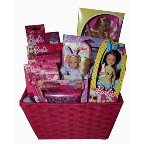 Ultimate Barbie Easter Basket: Toys Barbie Easter Basket, Raffle Gift Basket Ideas, Spa Baskets, Silent Auction Basket, Toy Gift Basket, Girly Backpacks, Easter Basket Toys, Gymnast Birthday Party, Auction Basket