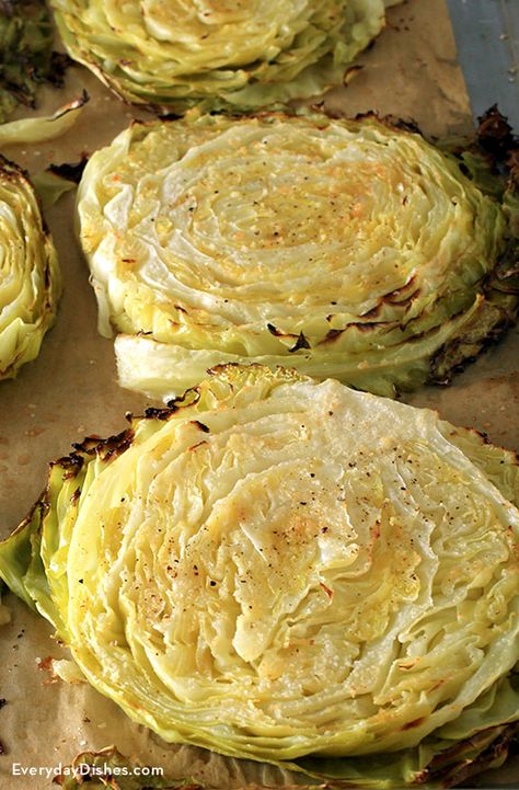 Savory Roasted Cabbage Steaks Recipe Curd Pie, Roasted Cabbage Recipes, Baked Cabbage Steaks, Cabbage Steaks Recipe, Roasted Cabbage Wedges, Roasted Cabbage Steaks, Southern Fried Cabbage, Baked Cabbage, Baked Steak