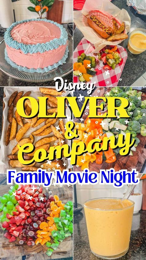 Oliver and Company Inspired Dinner Family Movie Night - Our Crow's Nest Oliver And Company Dinner And A Movie, Oliver And Company Movie Night, Dinner Movie Night, Movie Inspired Recipes, Disney Movie Night Menu, Disney Themed Movie Night, Disney Movie Night Food, Movie Dinner, Disney Movie Night Dinner